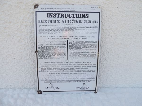 Plaque émaillée d'Instructions